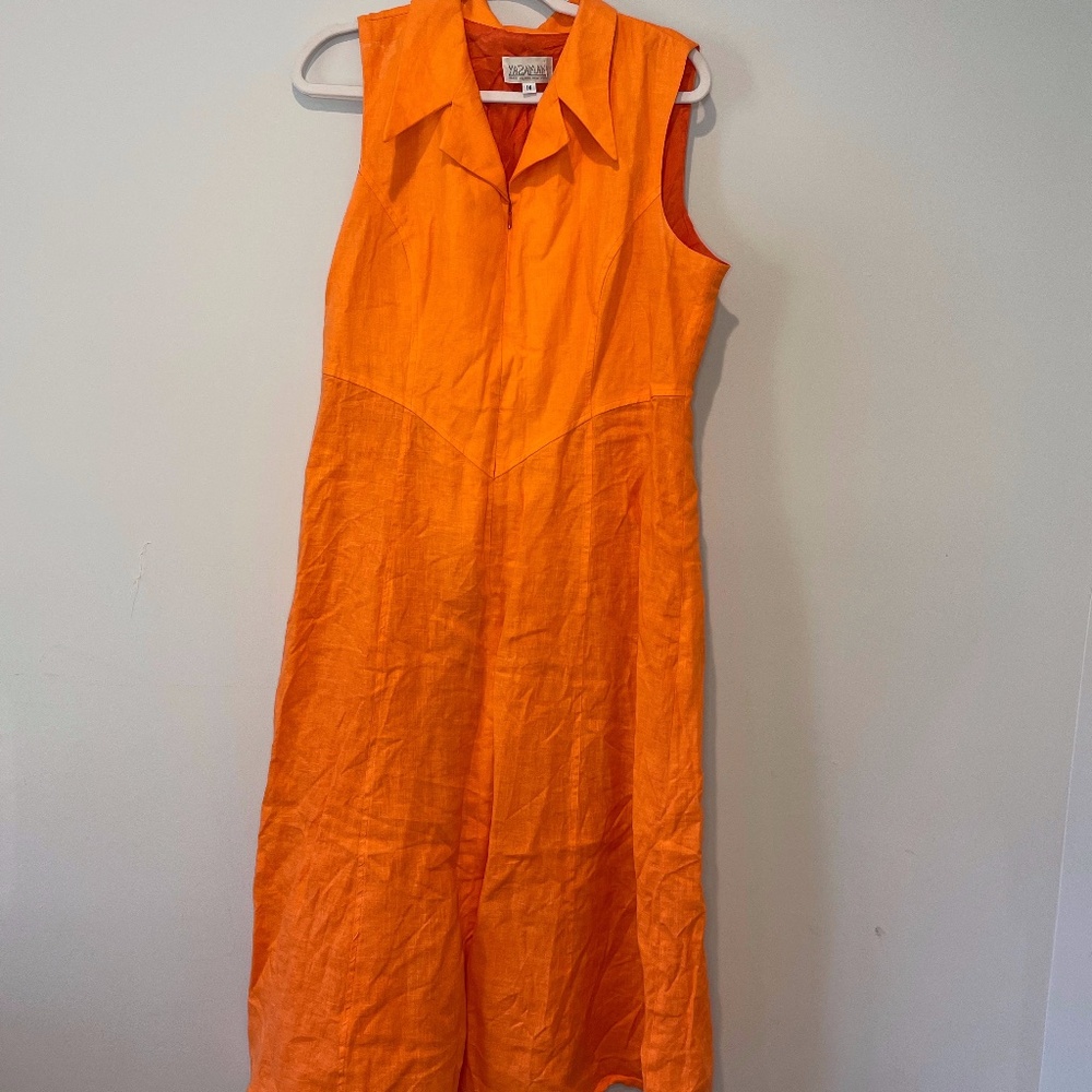 Yasaman Orange Lined Linen Dress Size 14